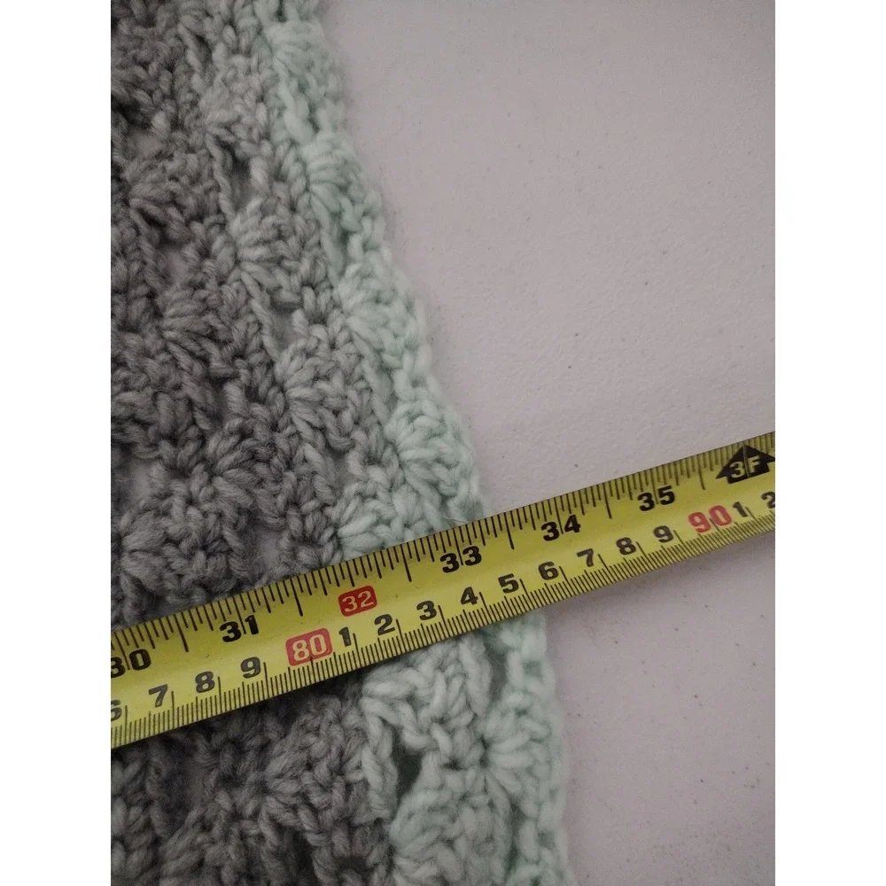 Handmade Crochet Baby Blanket Striped Grey Mint Green Shell Stitch 43x33 Throw